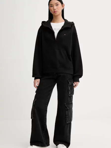 Bombažen pulover Tommy Jeans s kapuco črna