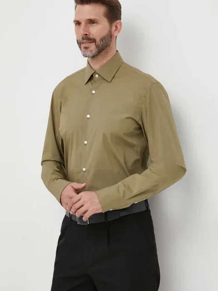 Риза BOSS мъжка с кройка по тялото с класическа яка зелено