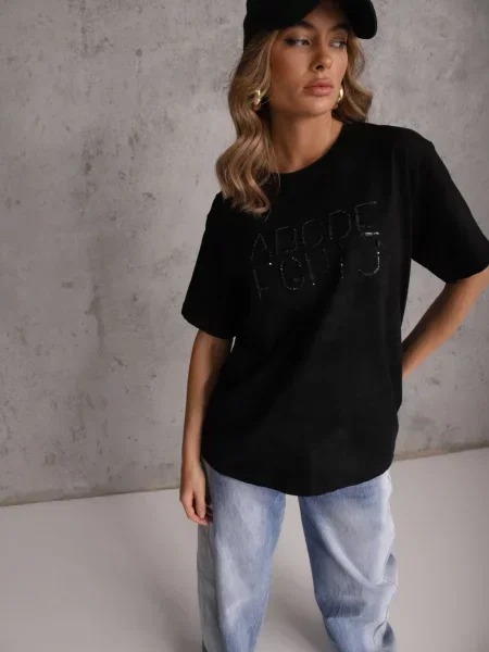 T-shirt Oversize z Haftowanym Napisem z Cekinami Talomora czarny