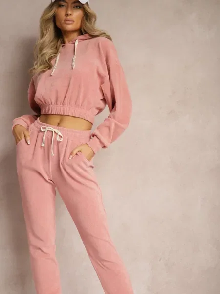 Komplet Dresowy z Dodatkiem Bawełny Spodnie z Gumką w Pasie i Bluza z Kapturem Hasaria różowy