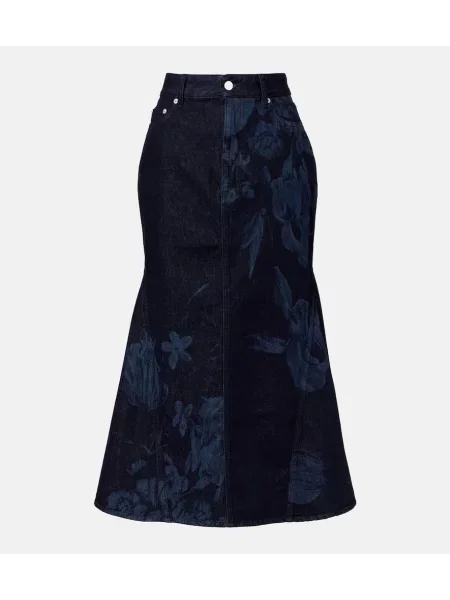 Fustă din denim Erdem cu model floral până la genunchi albastru