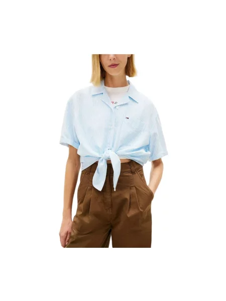 Tommy Jeans bluzka kopertowa z lnem Kobiety len S niebieski