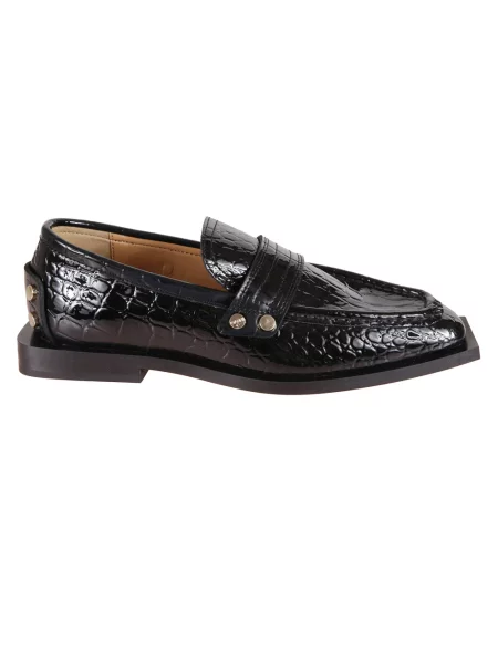 GANNI mokasyny Studs Square Toe Loafer Shiny Croco na płaskim czarny