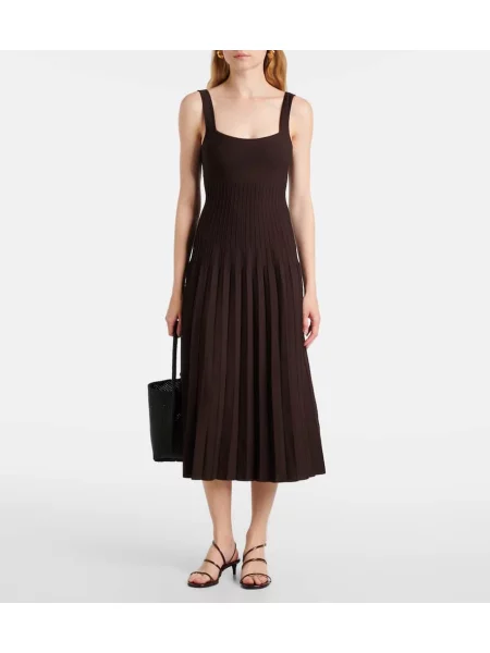 Rochie midi Staud tricotate plisată până la genunchi maro