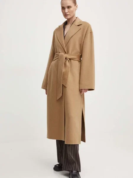 Day Birger et Mikkelsen palton de lana Wright Double Faced Wool de tranzitie desfacut maro