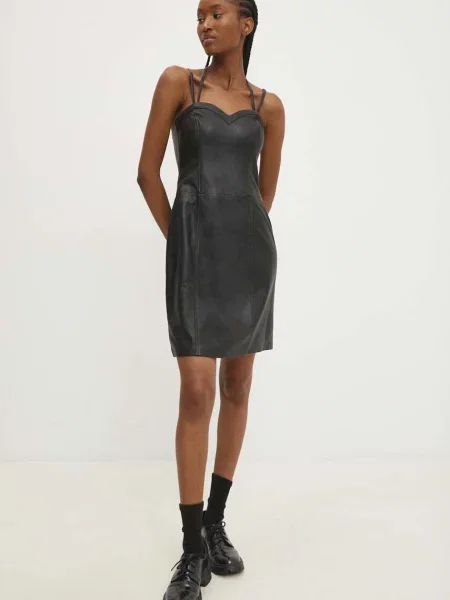 Answear Lab rochie de piele mini drept negru