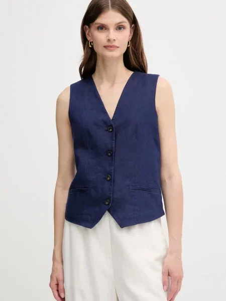 United Colors of Benetton kamizelka lniana granatowy jednorzędowa