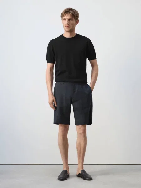 Bermudy slim fit z lnu Mężczyzna 38 MANGO MAN granatowy