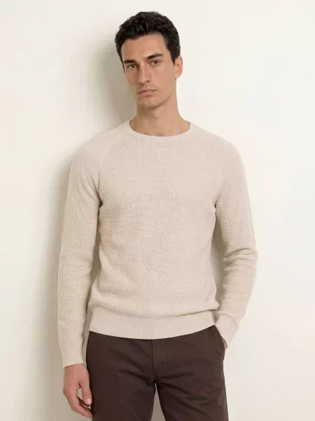 Olymp Sweter Z Czystej Wełny Level Five Dopasowany Krój Dla Ciała beige beżowy