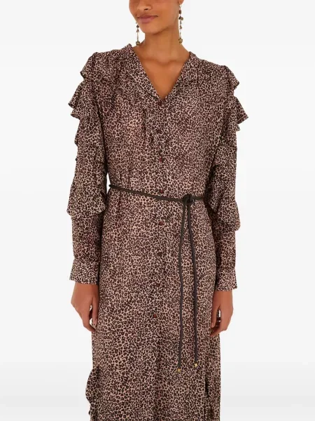 Sukienka midi Farm Rio w panterkę z falbankami do kolan różowa