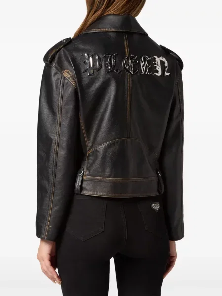 Baikeris odinė striukė Philipp Plein su autografu juoda