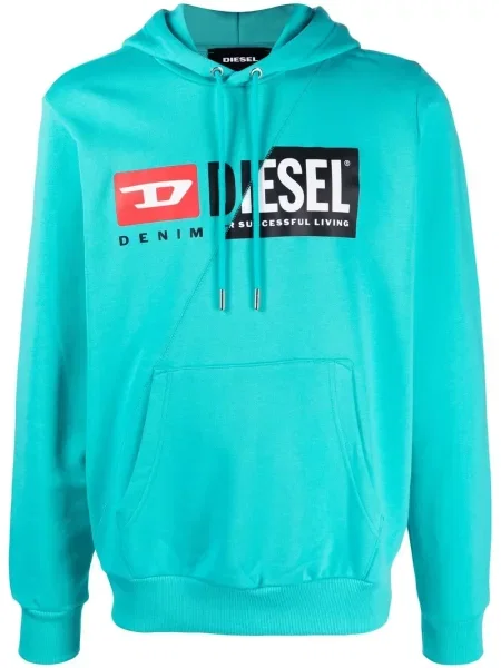 Bluza z kapturem Diesel z nadrukiem niebieska