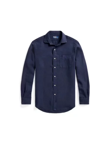 Lniana długa koszula Polo Ralph Lauren z długim rękawem niebieska