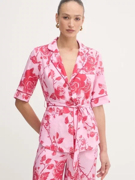 Fracomina bluzka koszulowa z dodatkiem lnu różowa