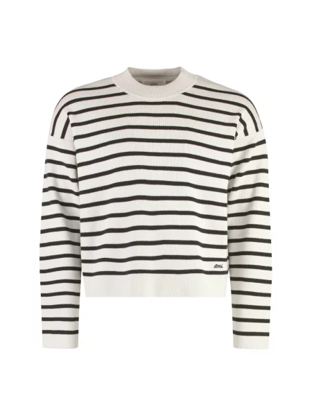 Sweter Ami Paris w paski z okrągłym dekoltem biały
