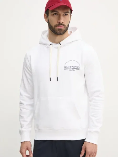 Bombažen pulover Tommy Hilfiger s kapuco bela