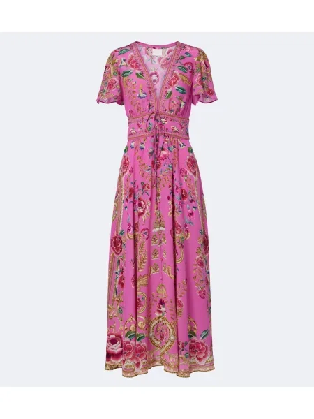 Rochie midi Camilla de mătase cu model floral roz