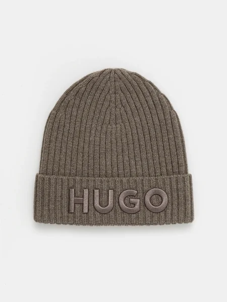 Вълнена шапка HUGO с фина плетка от вълна черно