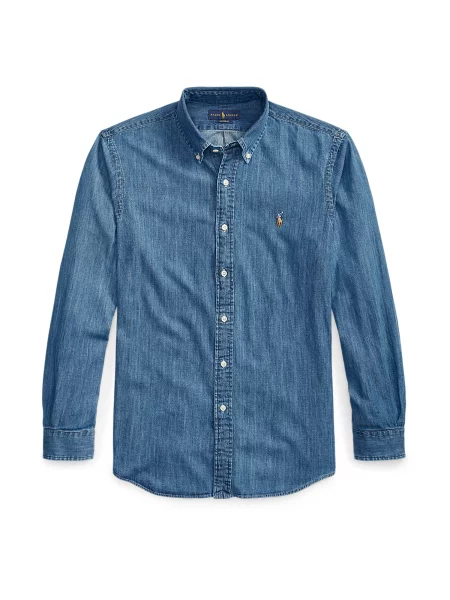 Polo Ralph Lauren Πουκάμισο μπλε ντένιμ / ανοικτό καφέ λευκό