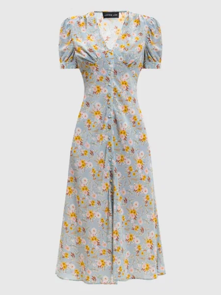 Шелковое цветочное платье Jacob Lee с принтом голубое