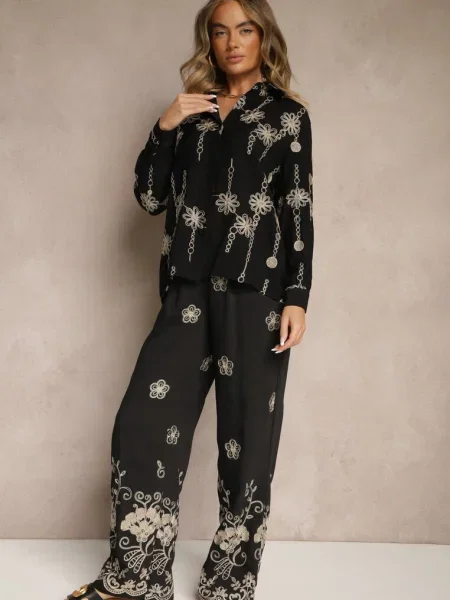 Ansamblu din Cămașă și Pantaloni cu Broderie cu Cusături Metalice Banorea negru