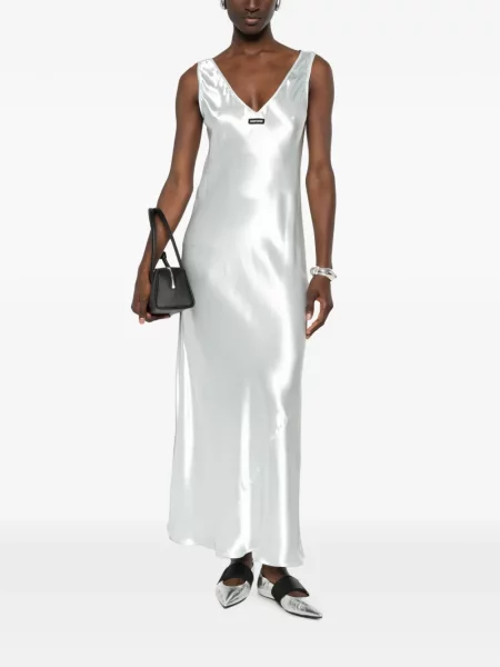 Rochie maxi Miu Miu din satin cu autograf albastru