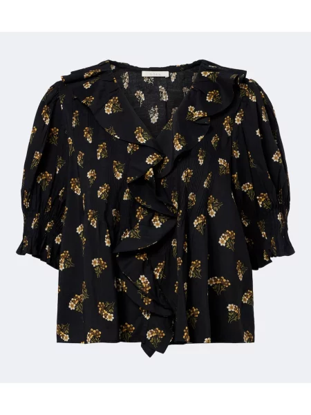 Bluză Dôen cu model floral cu volane negru