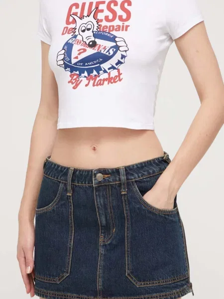 Дънкова пола Guess Originals къса със стандартна кройка тъмносиньо