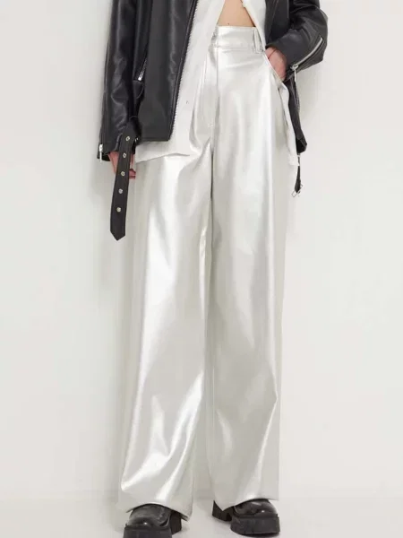 HUGO pantaloni femei lat high waist argintiu