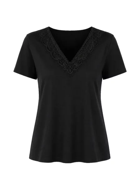 Tricou Molly Bracken cu decolteu în V din dantelă negru