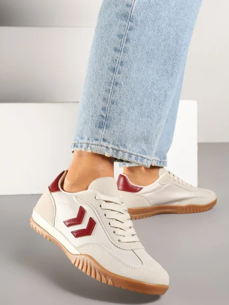 Beżowo-Czerwone Sneakersy Typu Kultowe Tenisówki Zdobione Przeszyciami Mepenna beżowe
