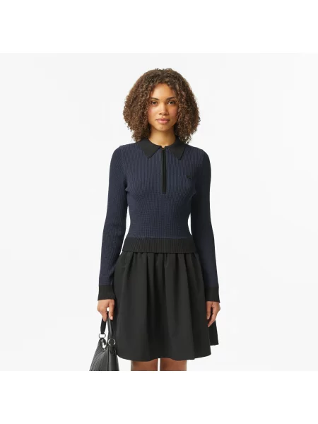 Lacoste Sukienka Z Długim Rękawem Half Zip W Paski Classic Fit czarna