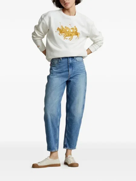 Кожена карирана поло тениска Polo Ralph Lauren бродирана бяло