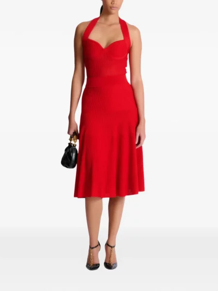 Rochie Balmain tricotate plisată cu gât halter roșu