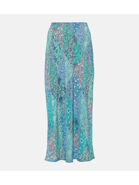 Fustă midi Rixo de mătase până la genunchi albastru