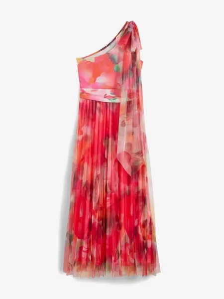 Sukienka one-shoulder z plisowaną częścią spódnicową z tiulu różowa