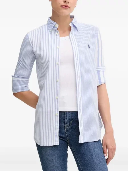 Tricou Polo Ralph Lauren cu decolteu rotund de mătase cu dungi alb