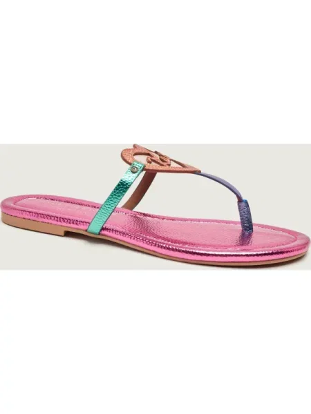 Șlapi Kurt Geiger din piele cu motiv cu inimi fără toc roz