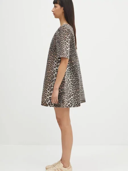 GANNI sukienka jeansowa Print Denim Open Back Mini mini rozkloszowana brązowy