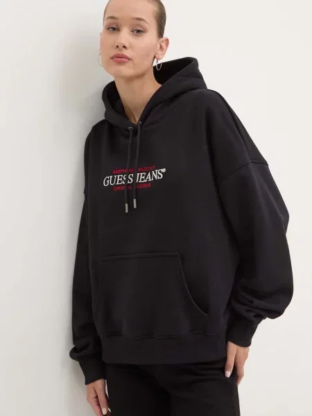 Guess Jeans hanorac cu glugă pentru femei cu negru