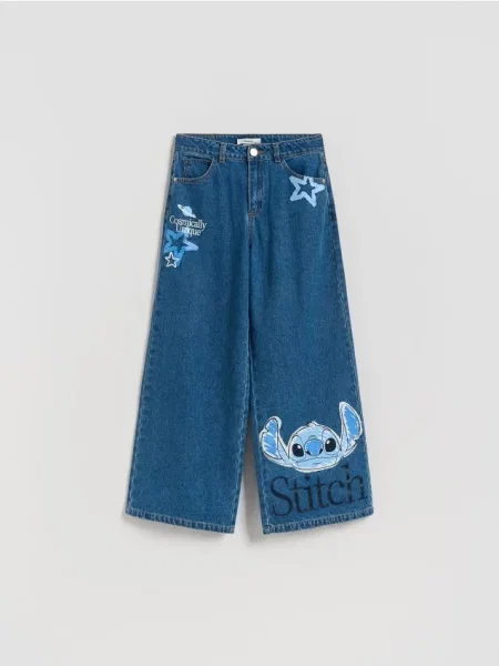 Reserved Jeansy super wide leg Lilo i Stitch niebieski