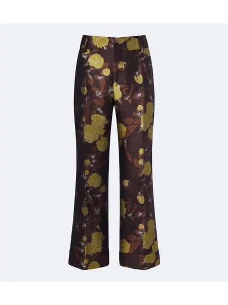 Pantaloni La Doublej cu model floral din jacard maro