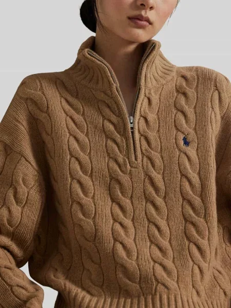Bluza z mieszanki wełny z kołnierzem i wyhaftowanym logo Polo Ralph Lauren brązowa
