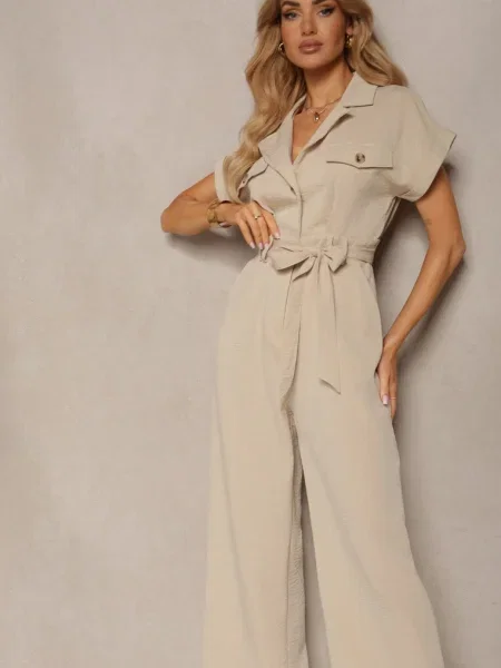 Salopetă cu mâneci lungi și mâneci scurte cu și centură Jolmeria bej