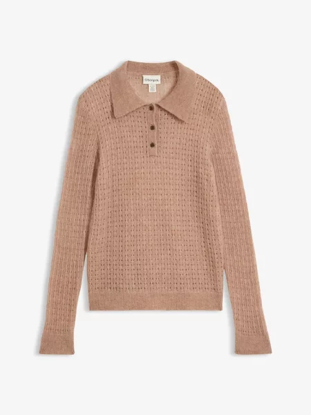 Sweter polo z miękkiej dzianiny ażurowej brązowa