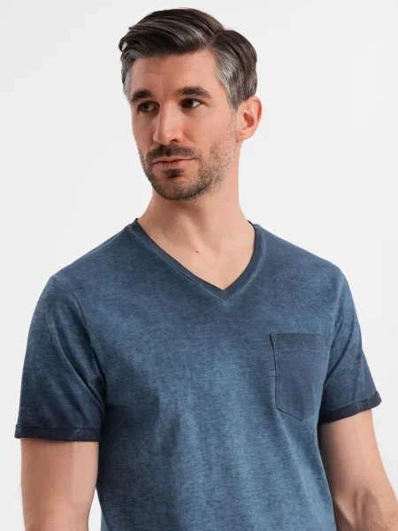 Tricou Ombre tricotate cu decolteu în V albastru
