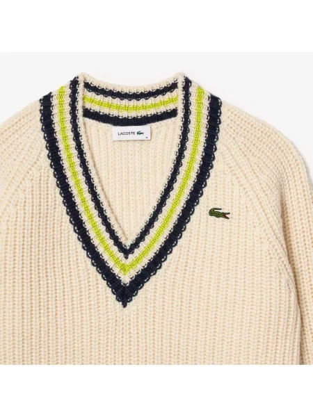 Lacoste Wełniany Sweter Z Dekoltem V Z Blokadą Koloru Relaxed Fit Kremowy Kremowy