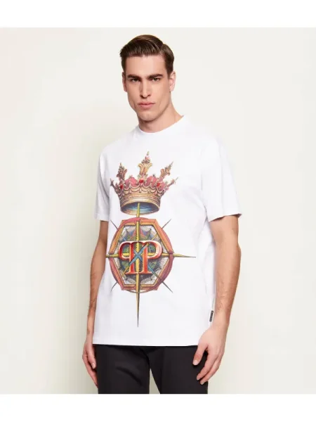 Philipp Plein Tricou Crown Hexagon alb