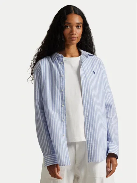 Bluzka koszulowa o kroju regular fit z mieszanki bawełny i lnu Polo Ralph Lauren niebieska