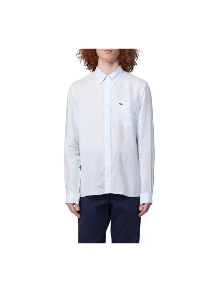 Lacoste koszula lniana regular z kołnierzykiem button-down niebieski